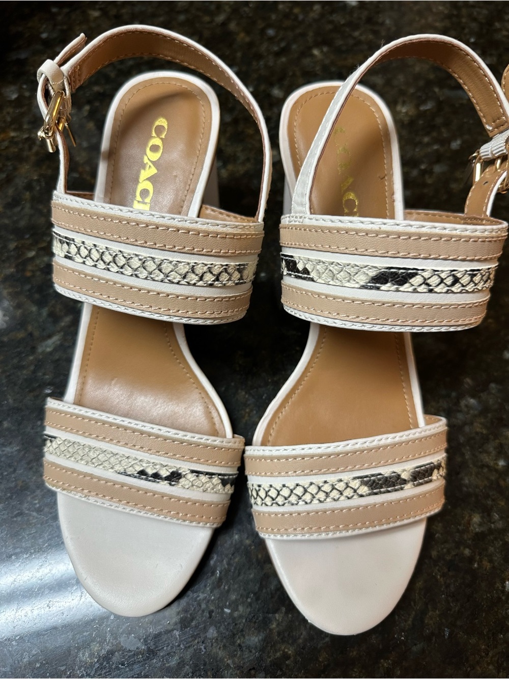 COACH Women's Beige Snake-Trim Sandals size 9.5